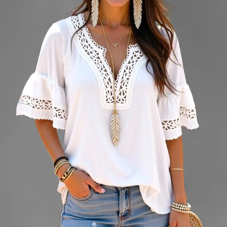 Everyday Lace Trim V Neck Flare Sleeve Blouse