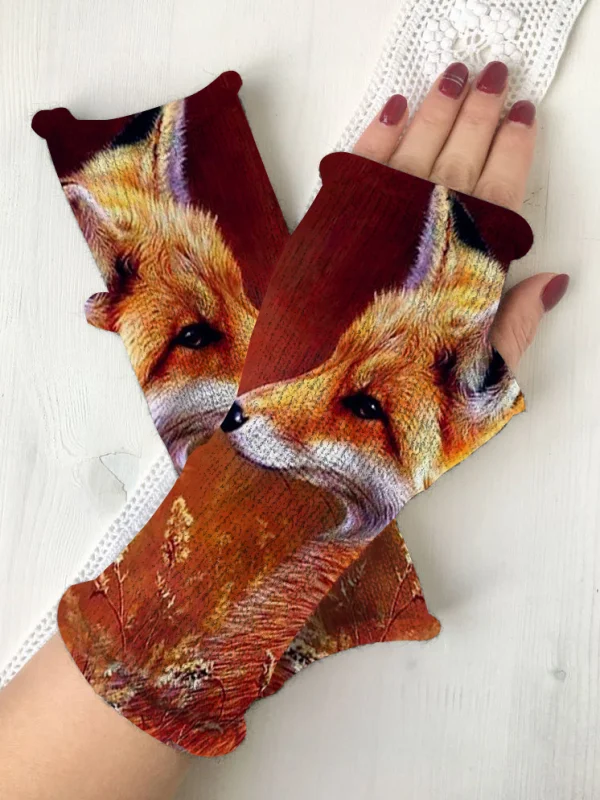 （Ship within 24 hours）Retro fox casual print knit fingerless gloves
