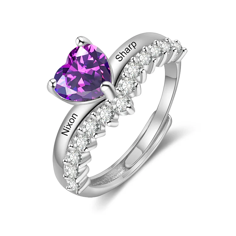 Personalized Heart Birthstone Ring Custom 2 Names Open Ring Gift for Women Girls