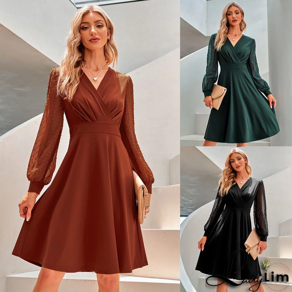 Autumn And Winter New Trend V-neck Solid Color Jacquard Dress