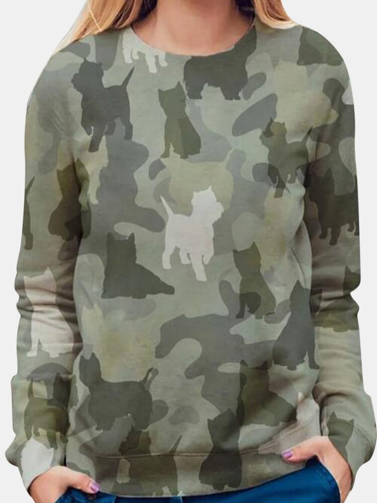 Camouflage Cat Print Long Sleeve O neck Casual T shirt For Women P1772846