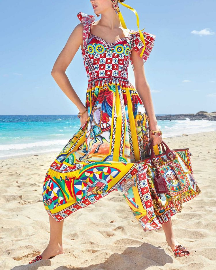 Casual Colorful Print Ruffle Slip Dress