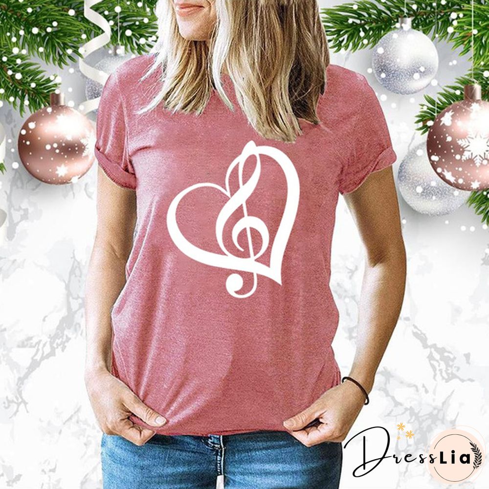 Cute Music Printed T-Shirts Women Short Sleeve Funny Round Neck Tee Shirt Casual Summer Tops