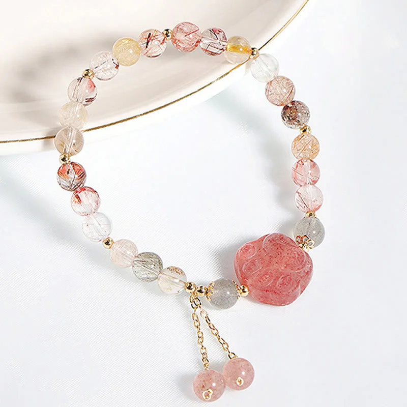 Natural Strawberry Quartz Cat Paw Claw Colorful Rutilated Quartz Moonstone Love Bracelet