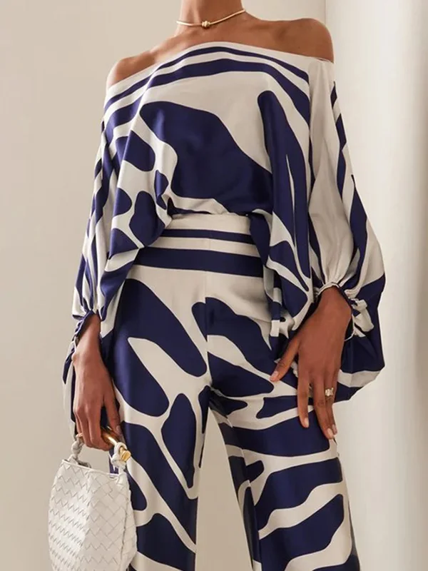 Printed Off-The-Shoulder Top with Wide Leg Pants Two-Piece Set