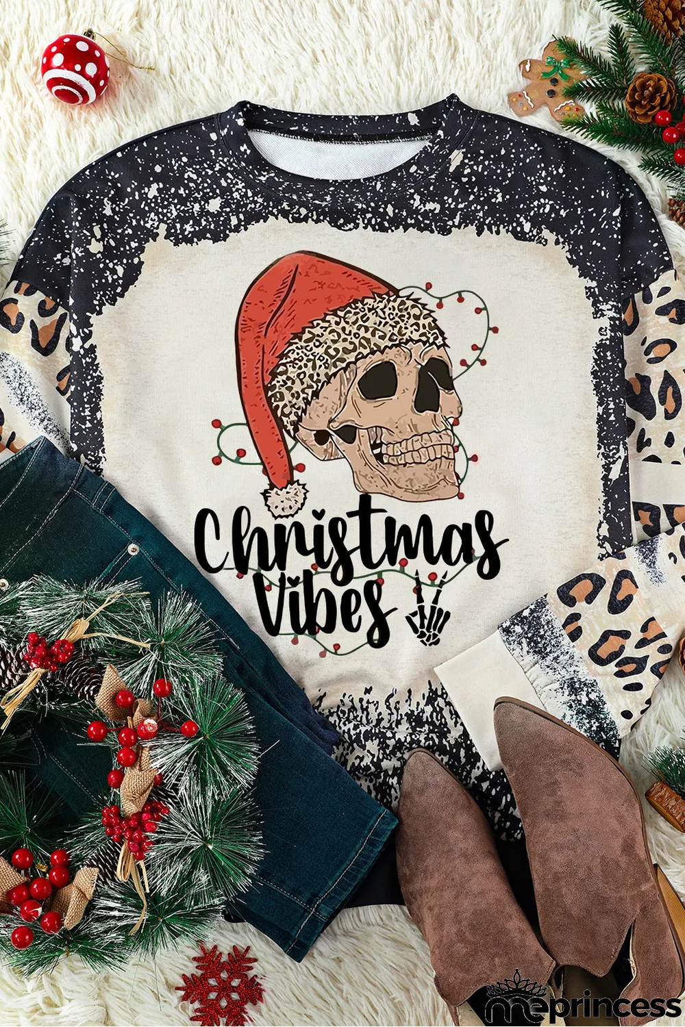 Black Christmas Vibes Skull Leopard Color Block Sweatshirt