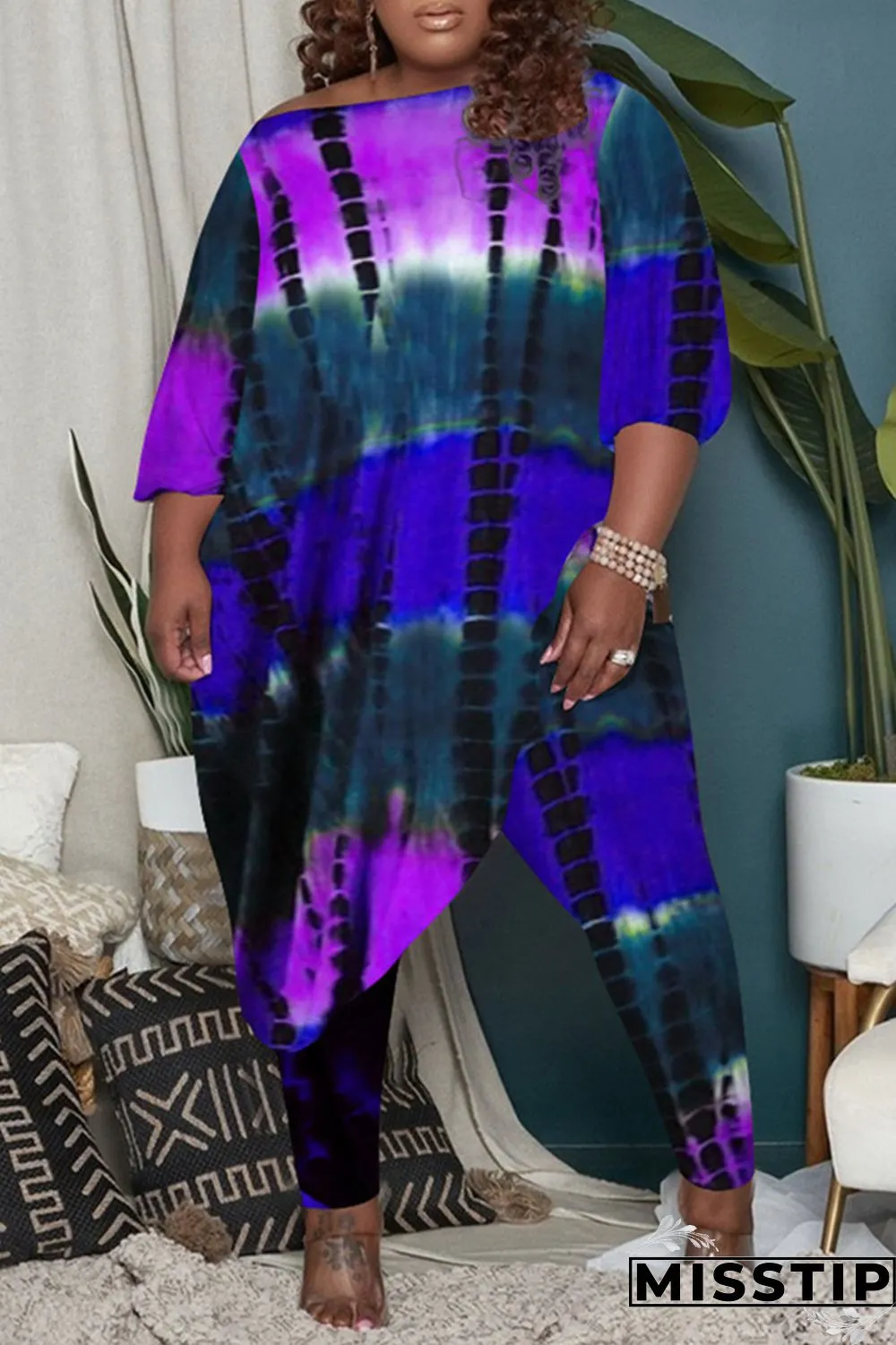 Orange Fashion Casual Tie Dye Asymmetrical O Neck Plus Size Two Pieces