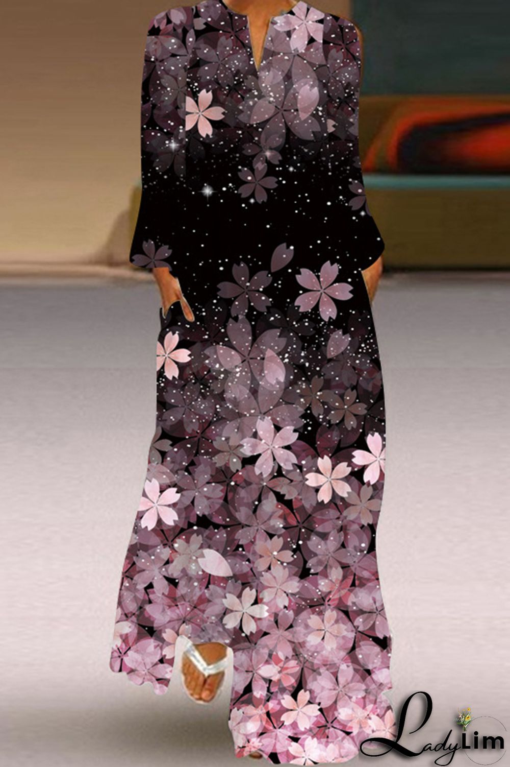 Black Fashion Casual Print Patchwork V Neck Long Sleeve Dresses