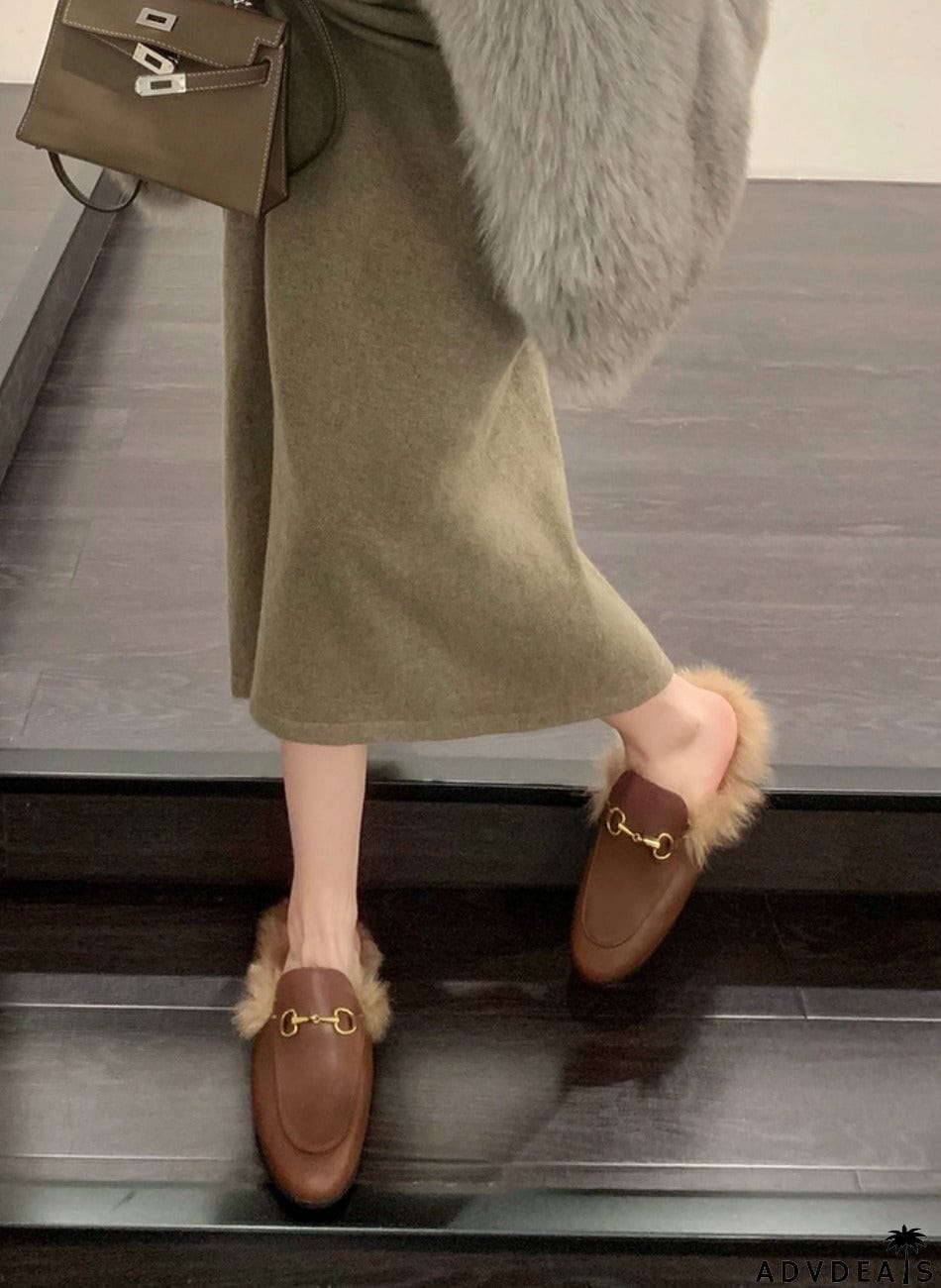 Rabbit Fur Lined Leather Loafer Mules