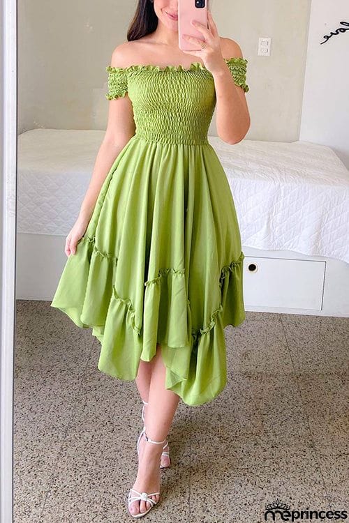 Shirred Bodice Off Shoulder Flap Asymmetric Dress