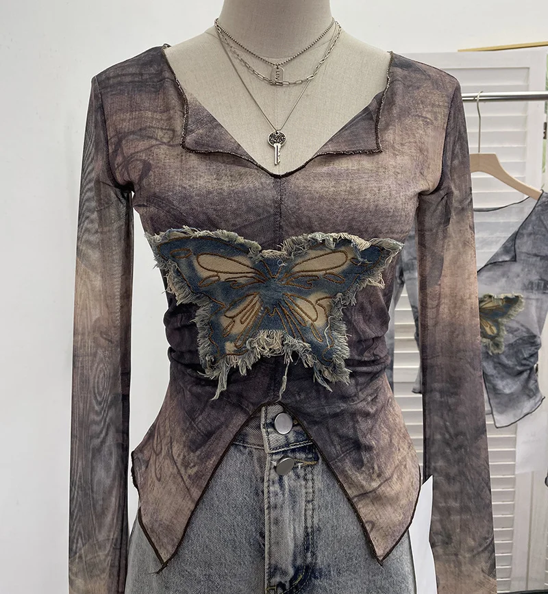 Uveng Real Shooting Amount Of Bumpy Tulle Spliced Denim Butterfly Design Sunscreen Coat V Collar Short T-Shirt 1965
