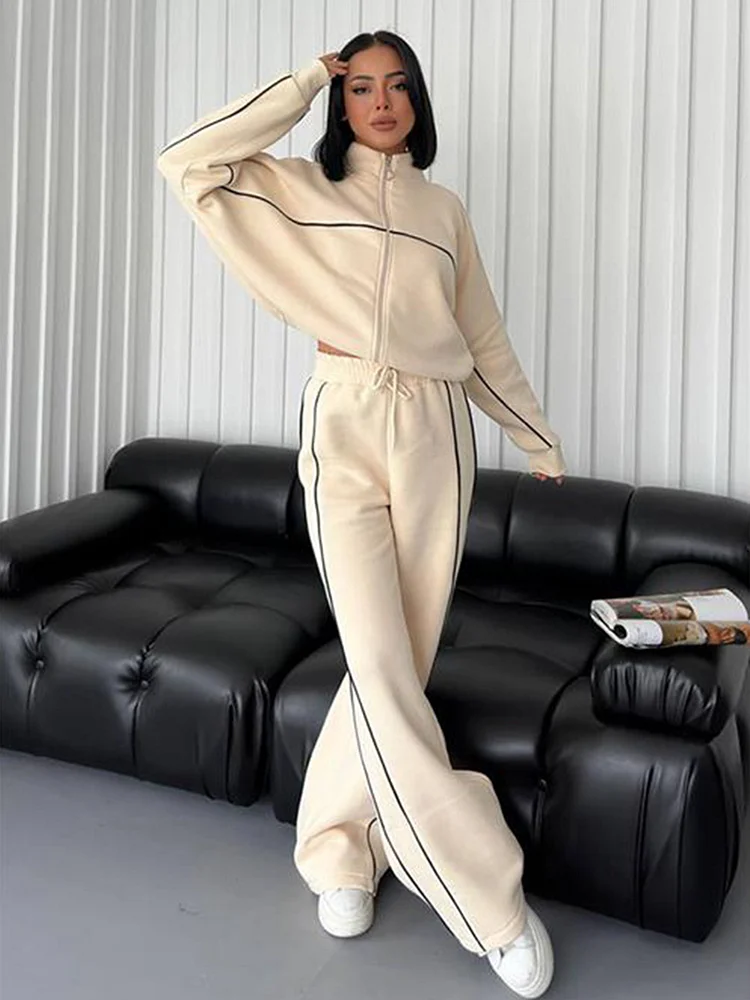 PASUXI Casual Striped Two-Piece Set Long-Sleeve Half High Collar Cardigan  Lace-Up Trousers  huanwei