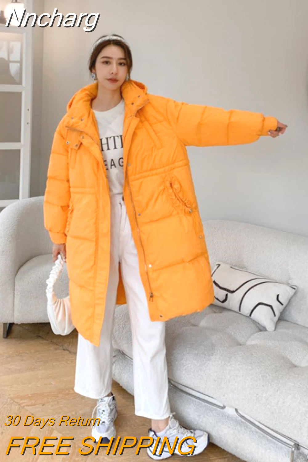 Nncharge Winter Women White Duck Down Coat Casual Lady Loose Thick Warm Puffer Outwear Female Hooded Drawstring Long Coat