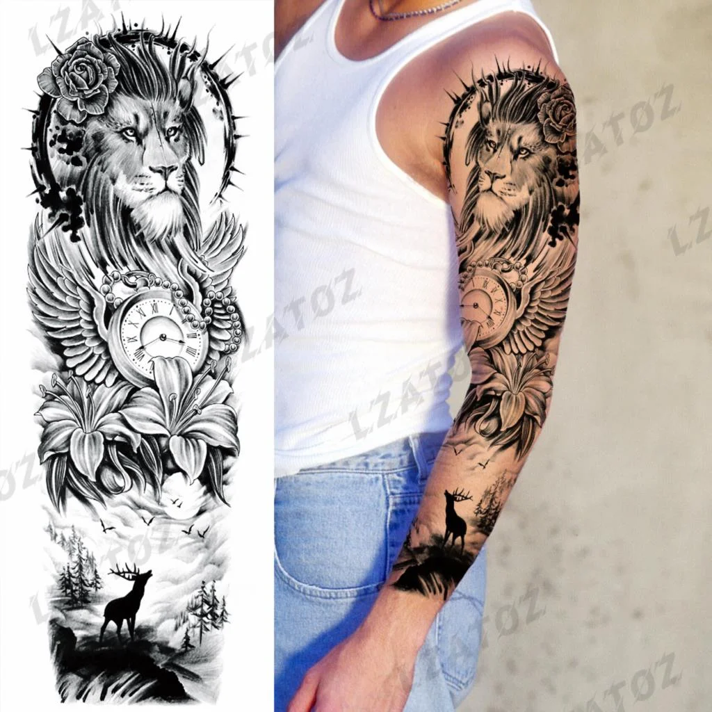 Sdrawing Sleeve Temporary Tattoos For Men Women Realistic Pirate Ship Wolf Tiger Skull Rose Flower Fake Tattoo Sticker Arm Tatoos