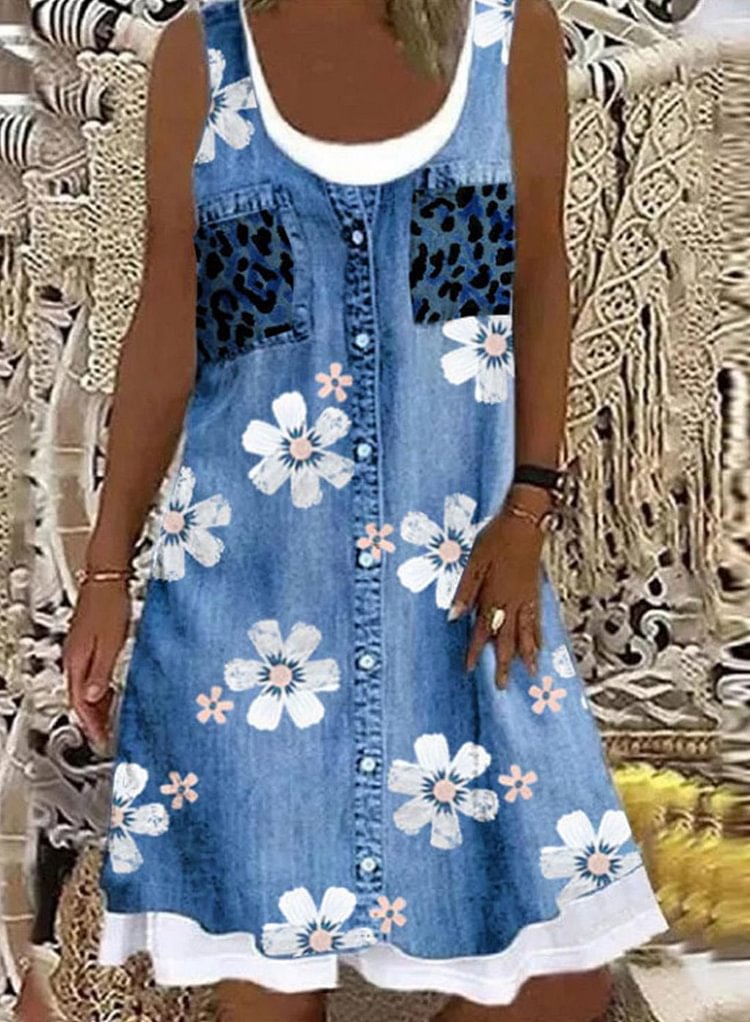 Women's Dresses Denim Leopard Floral Mini Dress