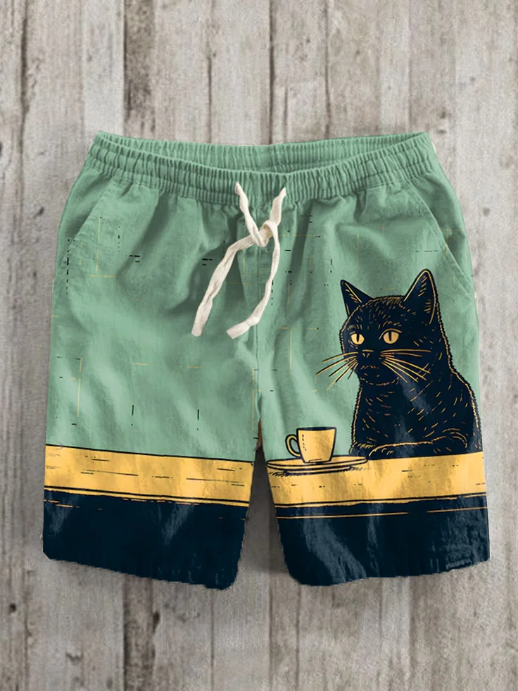Men's Chilling Coffee Black Cat Contrast Color Casual Shorts