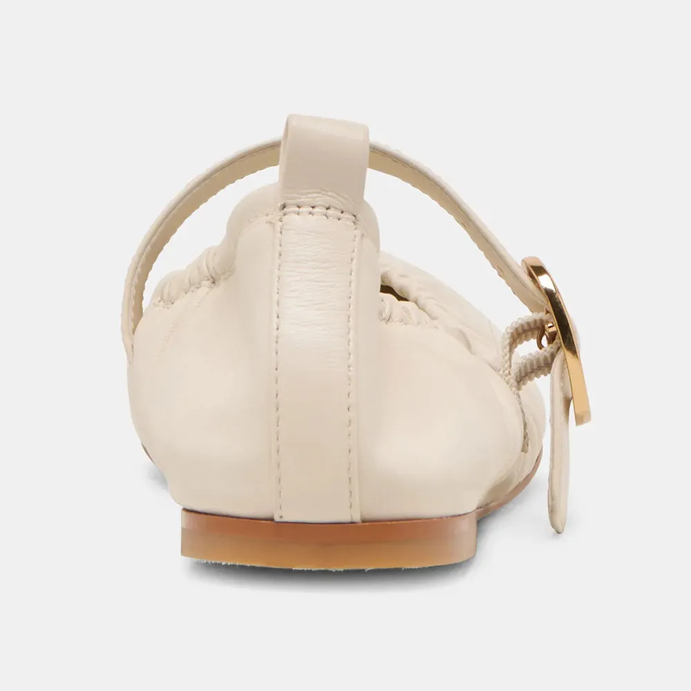 Ivory Faux Leather Round Toe Buckle Strap Flat Shoes for Women
