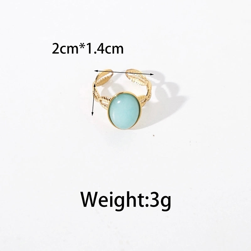 Elegant Vintage Style Minimalist Oval 304 Stainless Steel Turquoise 14K Gold Plated Plating Hollow Out Stainless Steel Rings