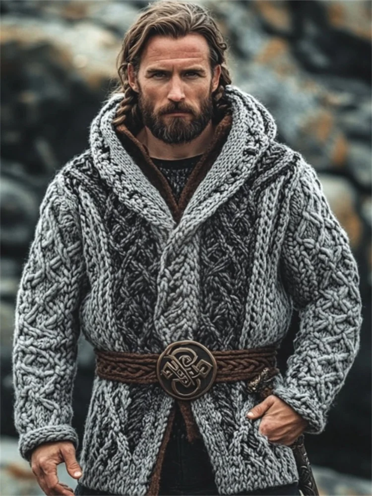 Men's Viking Medieval Celtic Chunky Hooded Cardigan