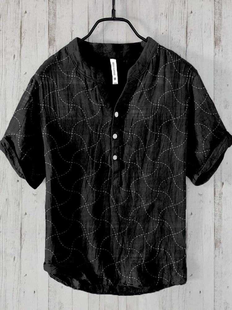 Japanese Sashiko Geometric Art Linen Blend Shirt