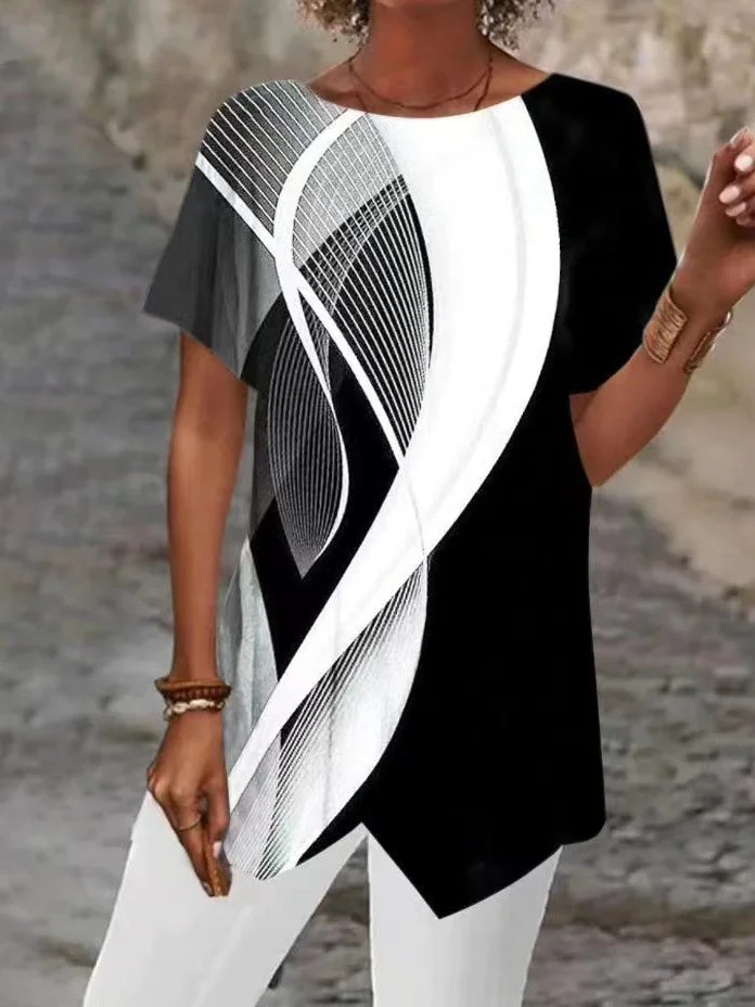 Women Asymmetrical Short Sleeve Scoop Neck Striped Top