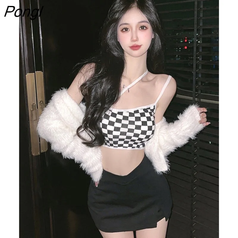 Pongl Women Y2K Black and White Plaid Strapy Casual Tube Top Sleeveless Slim Crop Tops Camisole Tube Tops Women Summer 2022
