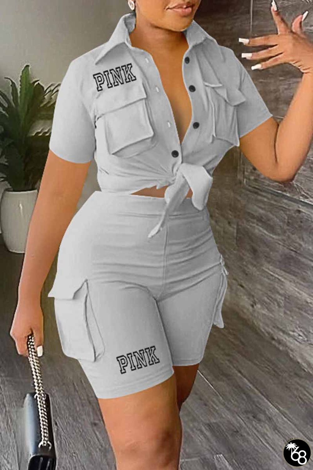 Grey Casual Print Letter Turndown Collar Short Sleeve Two Pieces | 168DEAL