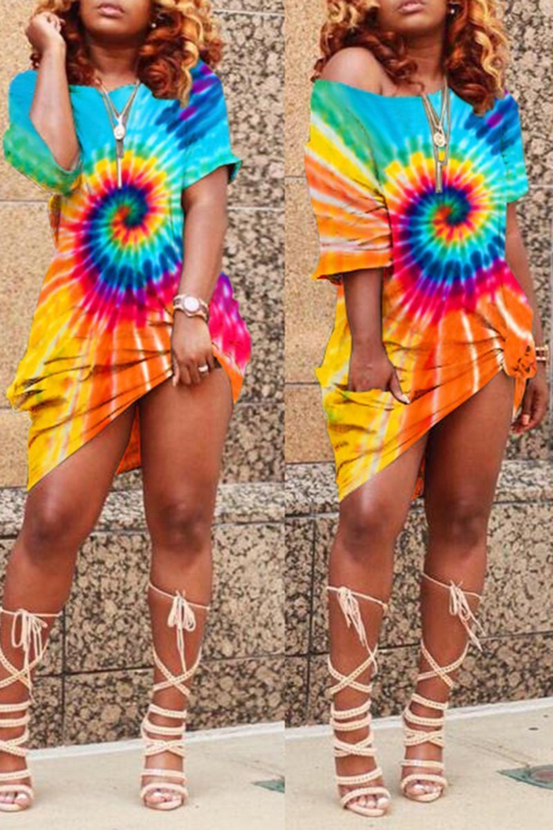 Tie Dye Plus Size Skew Neck Knotted Dress