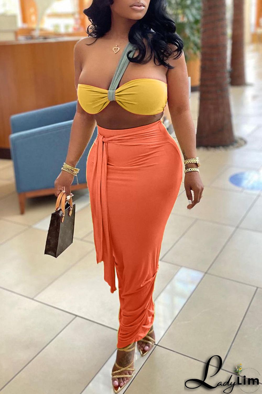 Orange Fashion Sexy Solid Split Joint Backless Strapless Sleeveless Two Pieces