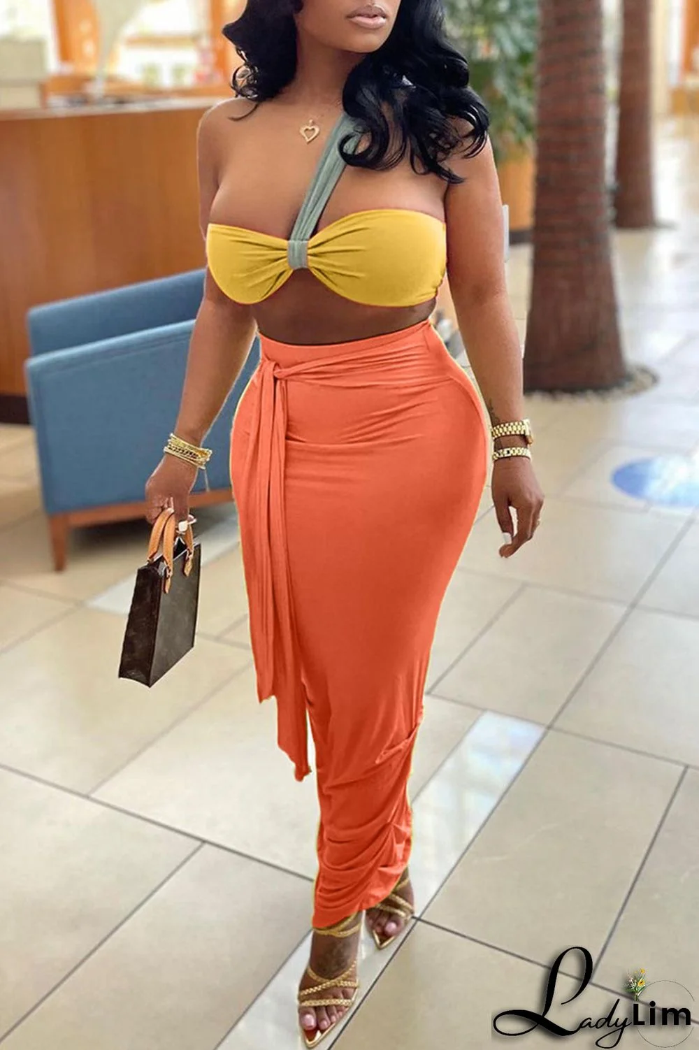 Orange Fashion Sexy Solid Split Joint Backless Strapless Sleeveless Two Pieces