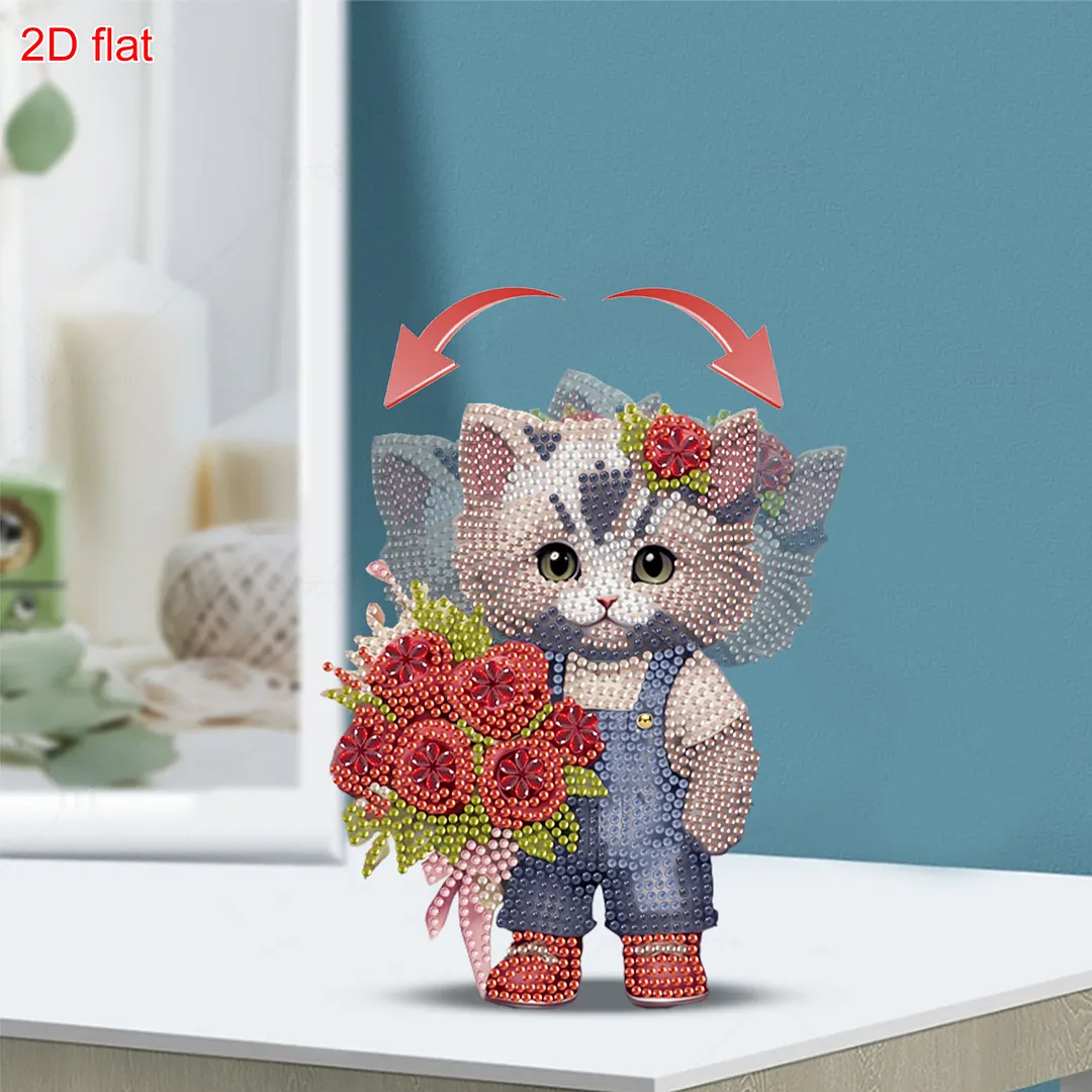 Cat Rose DIY 2D Flat Acrylic Desktop Diamond Art Kit with Rocking Function Decor
