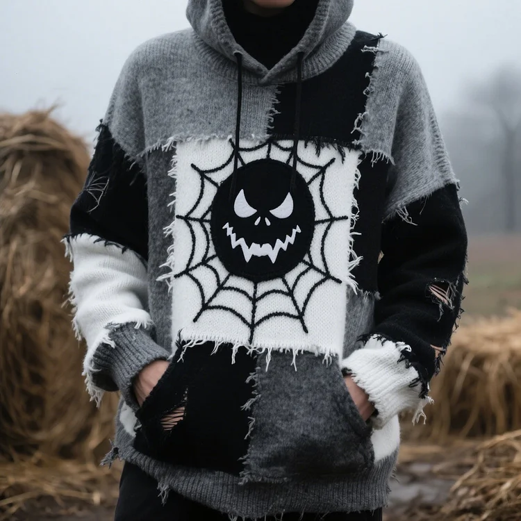 Vintage Patchwork Halloween  Art Cozy Knit Hooded Sweater