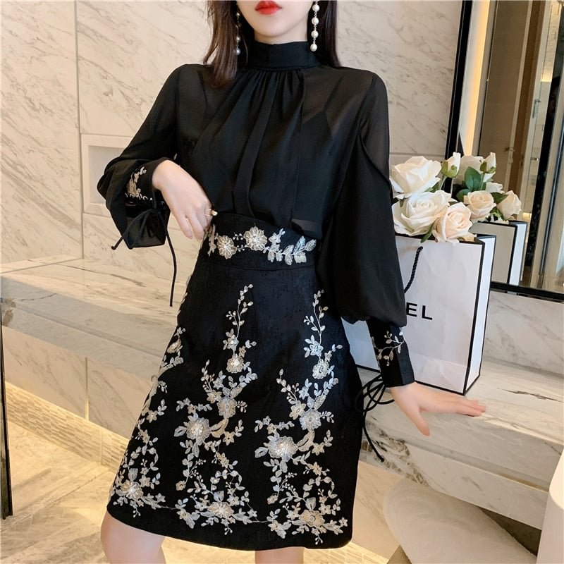 SMTHMA New Fashion Designer Runway Women's Two Pieces Set Long Sleeve Bow Blouse +Vintage Embroidered Flowers Skirt Suits