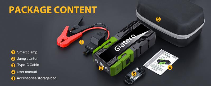 Product Introduction of Giatero 001B 4000A Car Jump Starter. 12V Battery Jumper Starter Portable Jump Box(10.0L Gas/8.0L Diesel). Jump Start Battery Pack with 3 Modes Flashlight. Power Bank with USB Quick Charge & Type C Port 10