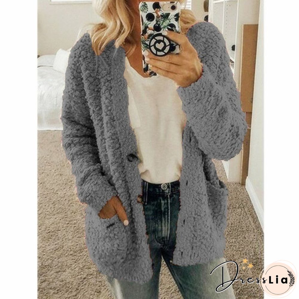 Women Winter Fashion Loose Long Sleeve Solid Color Plush Cardigan Sweater Coat Tops Button Casual Outwear XS-5XL