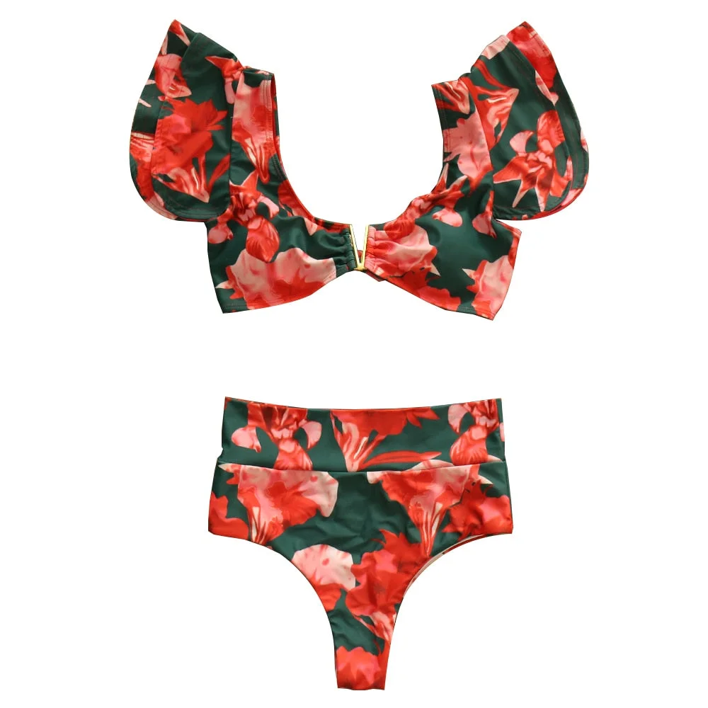 2022 New Sexy High Waist Bikini Sets Ruffle Swimwear Women Swimsuit Print Floral Dots V-neck Beach Wear Bathing Suits biquini