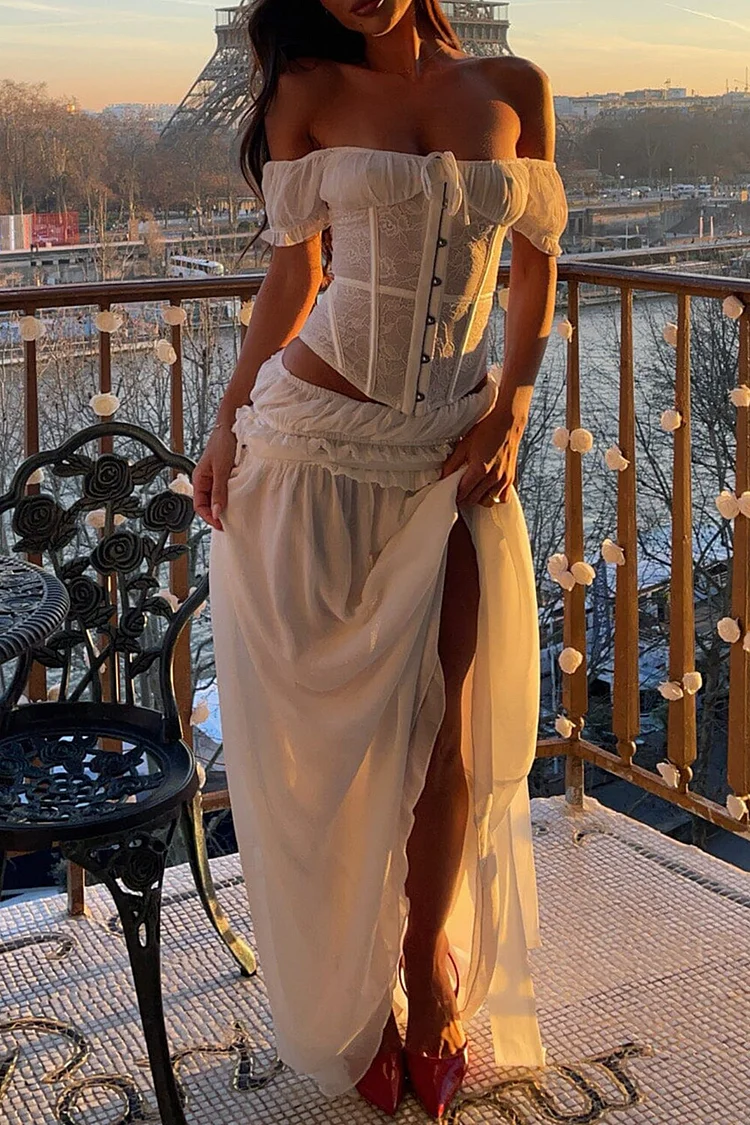 Off Shoulder Lace Corset Frilled Maxi Skirt 2pcs Set-White [Pre Order]