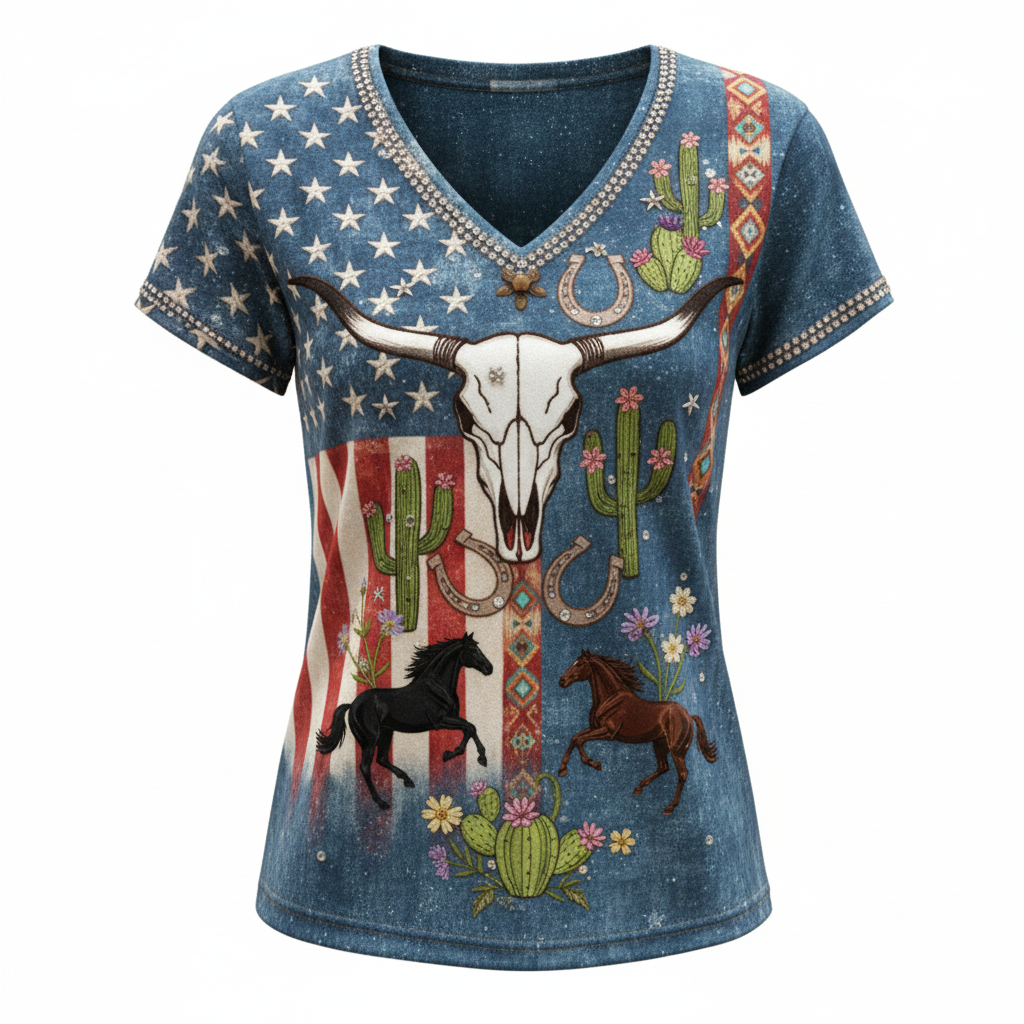 Women's Vintage American Flag 250th Anniversary Western Style Cowboy Bull Head Skull Horse Short-Sleeve V-neck T-Shirt - Helixace