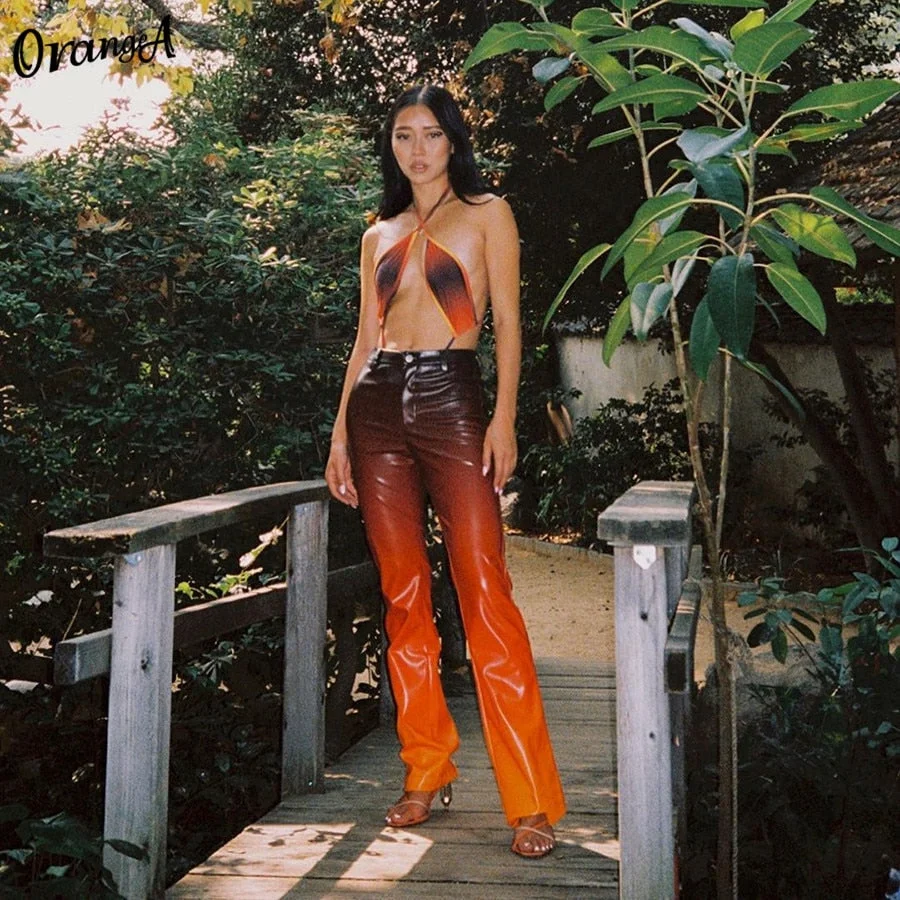 OrangeA Women Gradient Colorful Y2K Faux Leather Pants Straight Vintage Office Lady Slim 2021 Spring Fashion Streetwear Trousers
