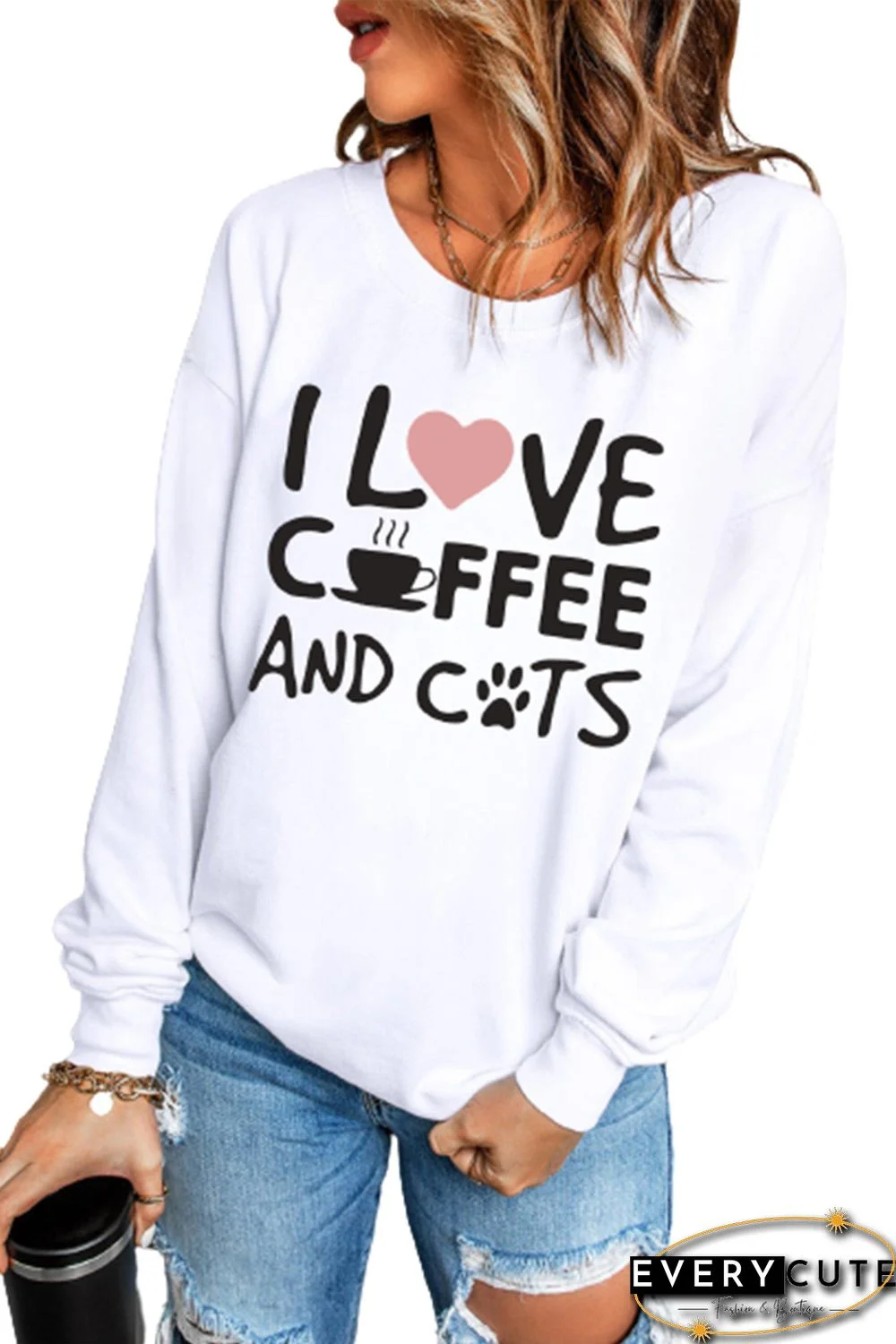 White I LOVE COFFEE AND CATS Graphic Sweatshirt