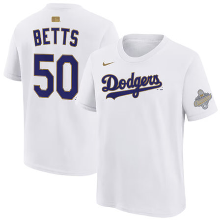 Men's Los Angeles Dodgers #50 Mookie Betts Nike White 2026 Gold Collection Name & Number T-Shirt GA2Q