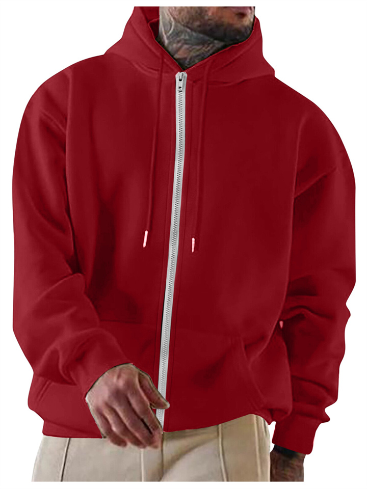 Men's Solid Color Hoodie Loose Casual Fleece Pocket Zipper Men's Hooded Drawstring Long Sleeve Sweatshirt Cardigan