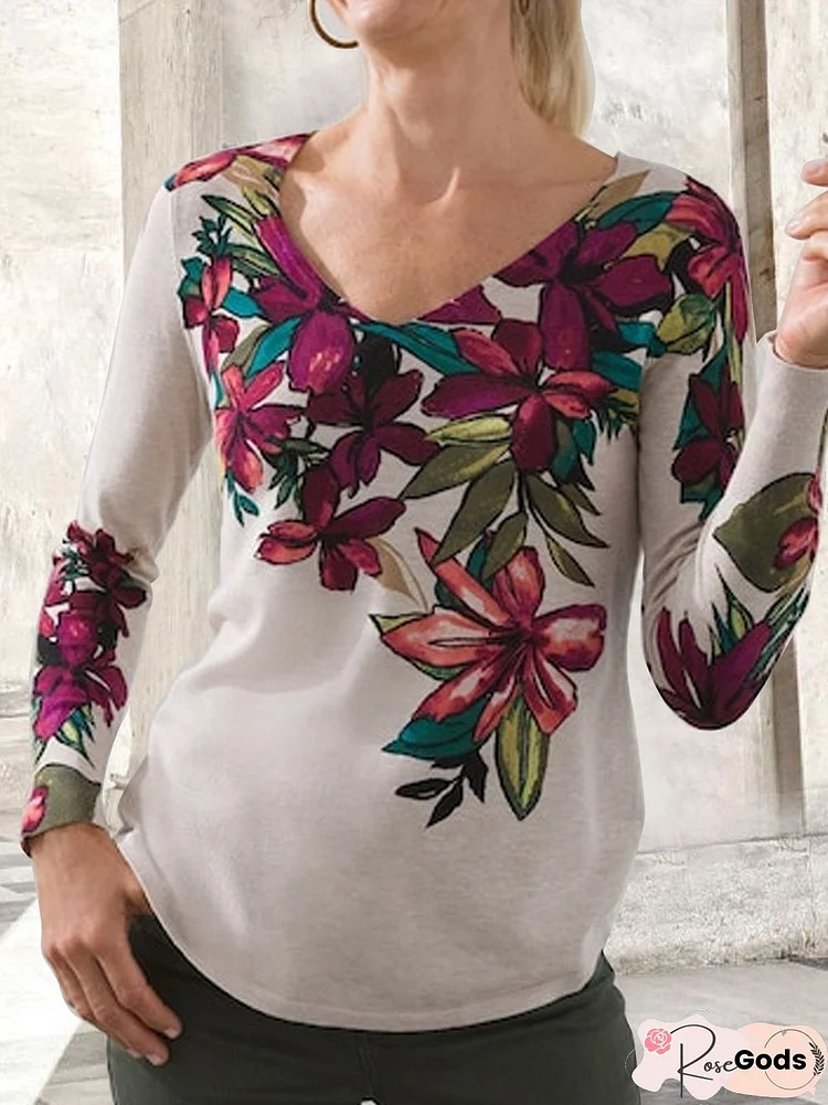 Flower Print Pullover V-Neck T-Shirt Plus Size