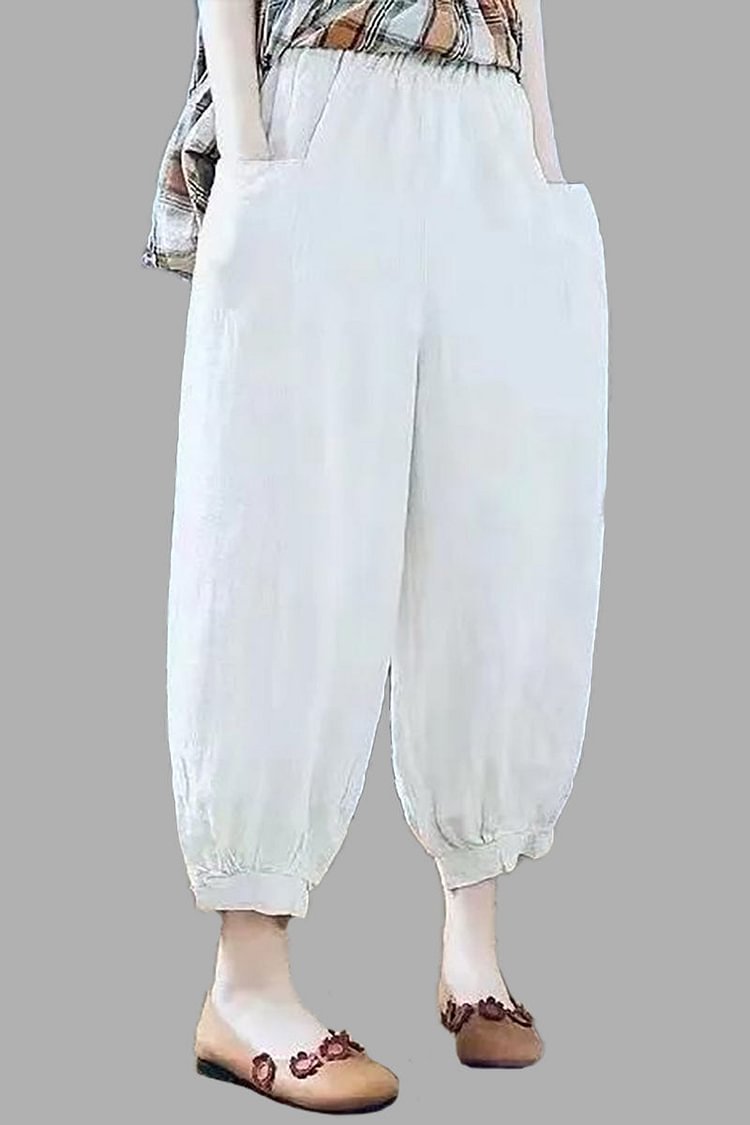 Cropped Pocket Casual Linen Harem Pants