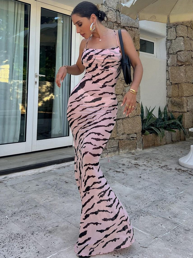 Hugcitar 2024 Mesh Zebra Print Slips Backless Lace Up Sexy See Through Maxi Dress Summer Women Elegant Outfit Beach Vacation Y2K