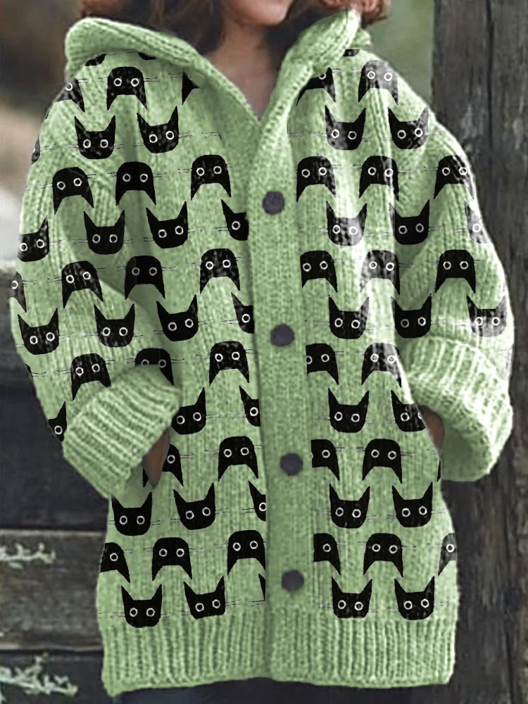 Cute Cats Pattern Cozy Knit Hooded Cardigan