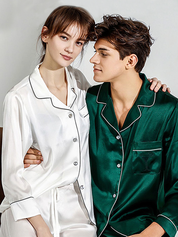 Pyjama classique en soie à manches longues pour couple- SOIE PLUS