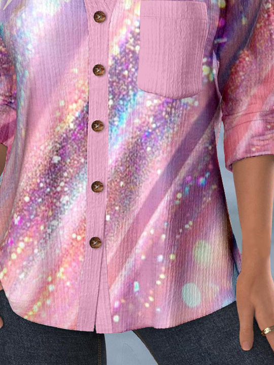 Women Long Sleeve Shirt Collar Polka Dot Striped Printed Graphic Lace Button Pockets Tops