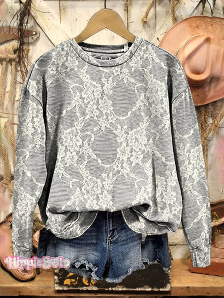 Vintage Lace Art Print Casual Sweatshirt Multicolor / S