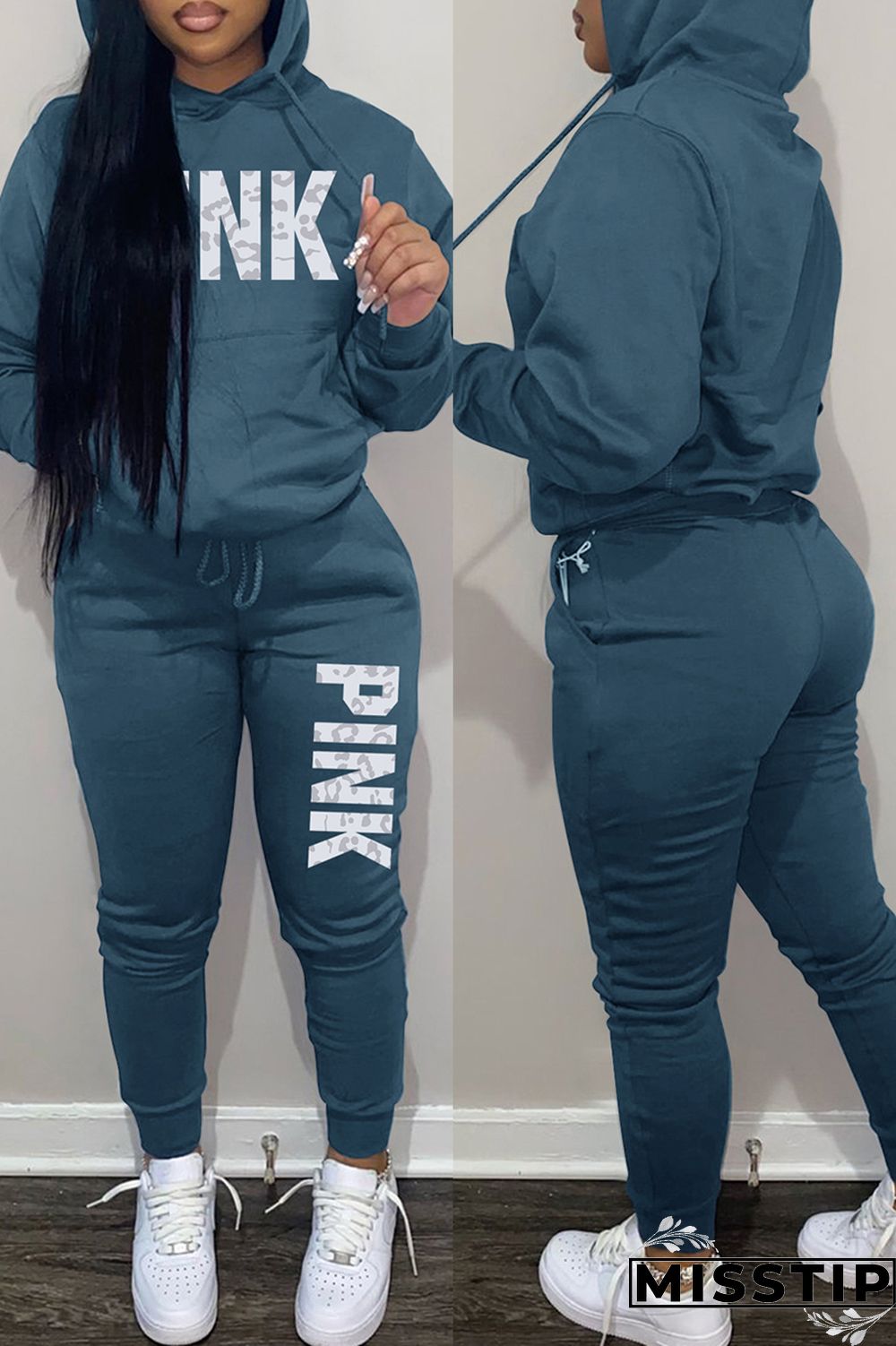 Khaki Fashion Casual Letter Print Basic Hooded Collar Long Sleeve Two Pieces